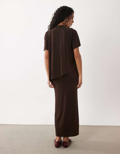 ASOS DESIGN modal maxi jurk met korte mouwen en cape-laag in bruin, 2 van 4