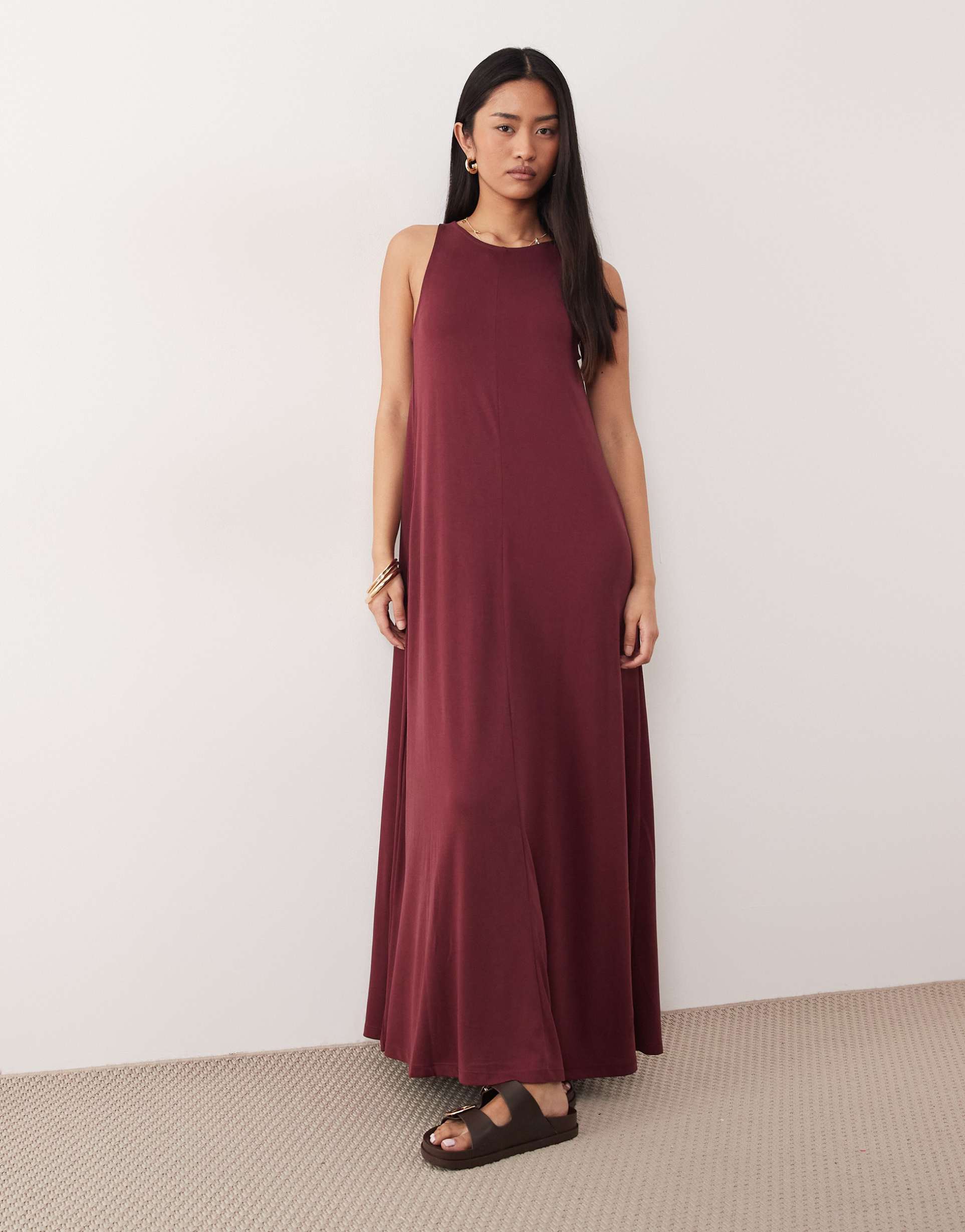 asos design modal mix trapeze maxi dress in burgundy