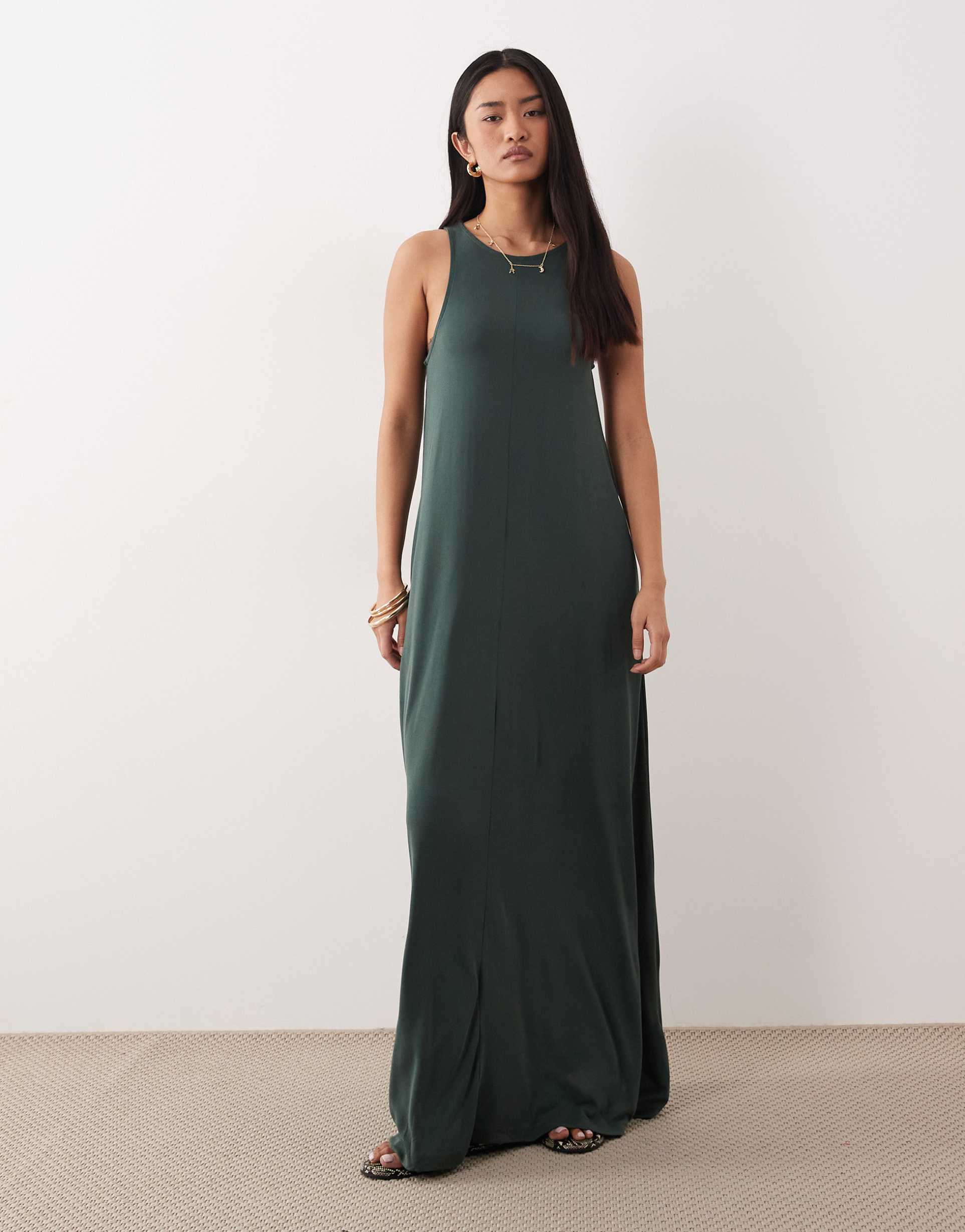 asos design modal mix trapeze maxi dress in dark green