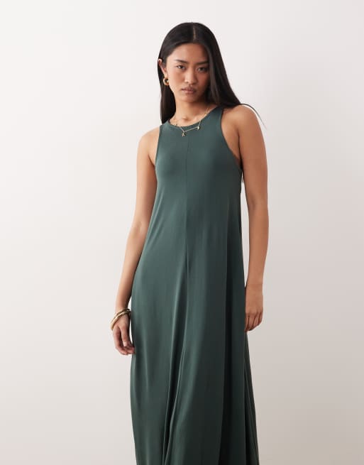 ASOS DESIGN modal mix trapeze maxi dress in dark green, 3 of 4