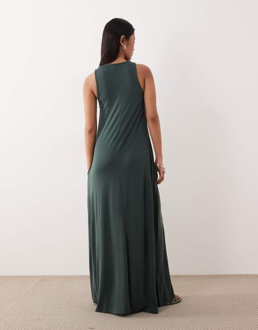 ASOS DESIGN modal mix trapeze maxi dress in dark green, 4 of 4