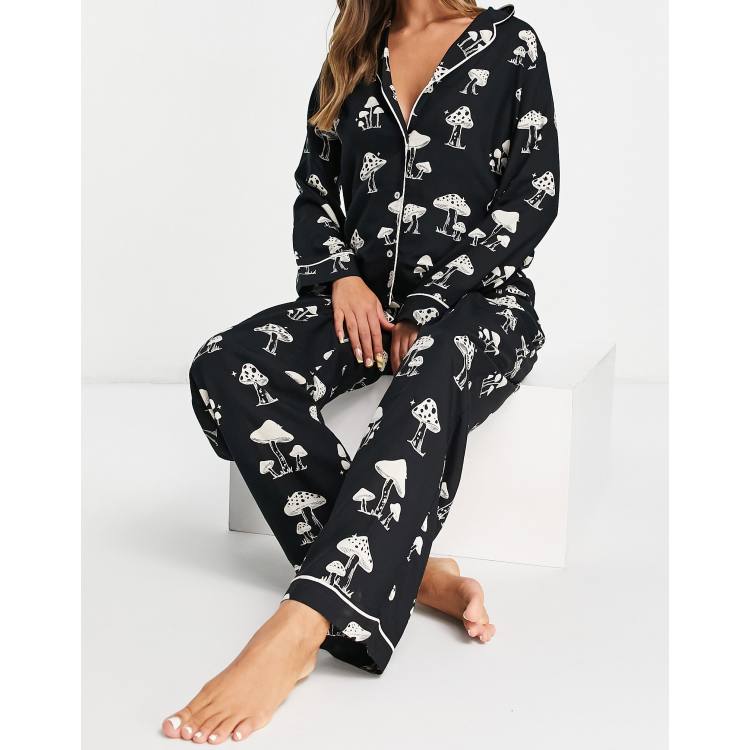 ASOS DESIGN modal mushroom long sleeve shirt pants pajama set in black