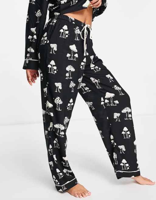 ASOS DESIGN modal mushroom long sleeve shirt pants pajama set in black