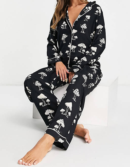 Women modal mushroom long sleeve shirt & trouser pyjama set in black 