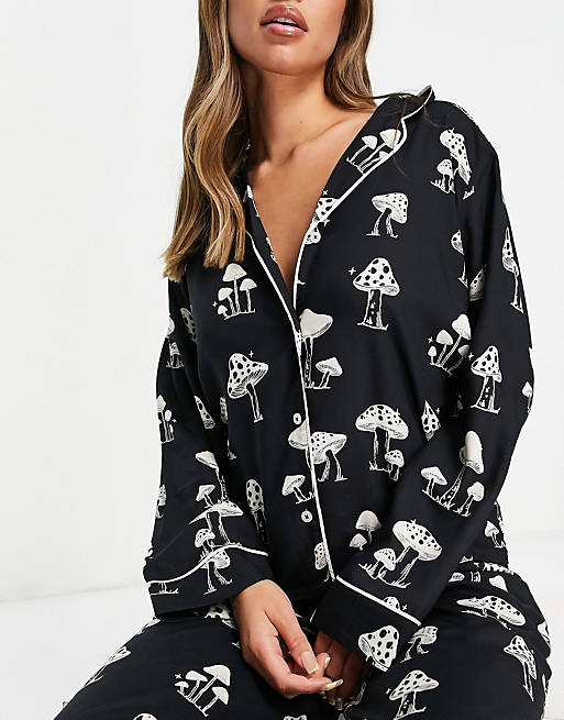 Women modal mushroom long sleeve shirt & trouser pyjama set in black 