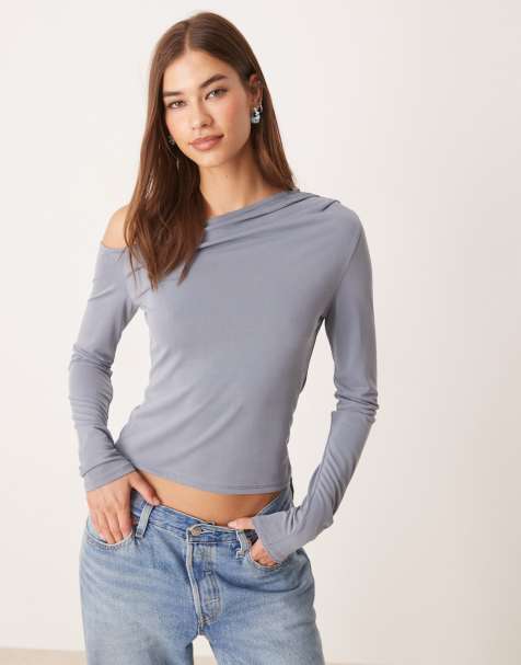 ASOS DESIGN modal off shoulder long sleeve tee in blue - view 1