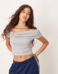 [ASOS DESIGN] ASOS DESIGN modal off shoulder top with hardware & fold over detail in grey marl-Red S Grey marle