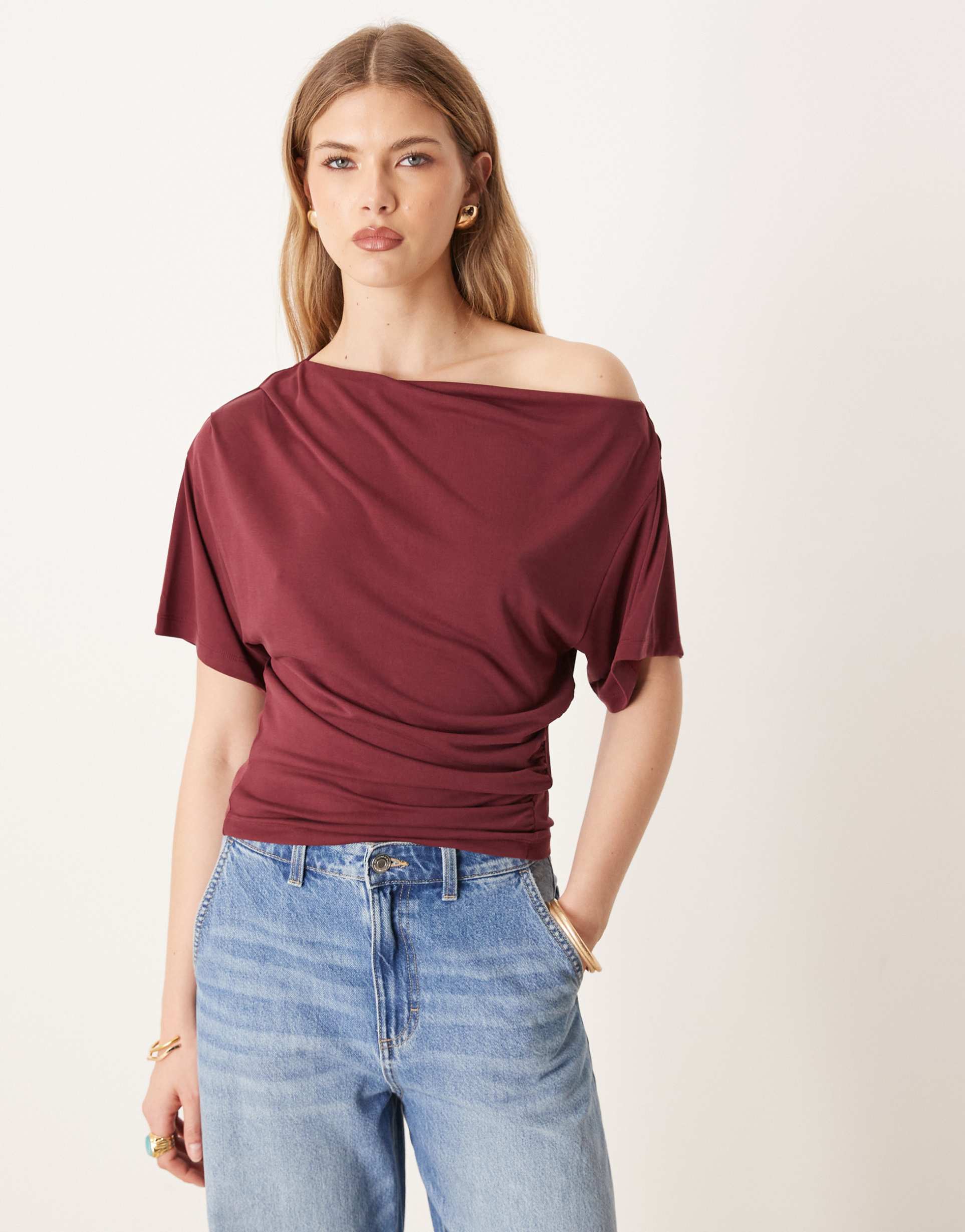 asos design modal off the shoulder drapey top in wine
