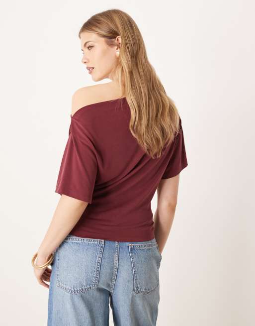 ASOS DESIGN modal off the shoulder drapey top in wine