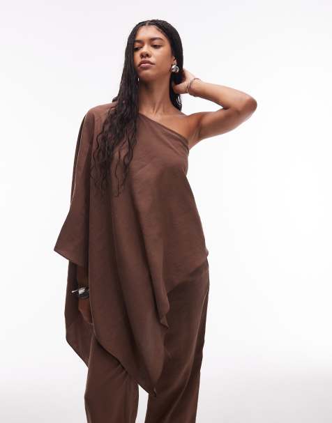 ASOS DESIGN modal one shoulder draped top in chocolate - view 1