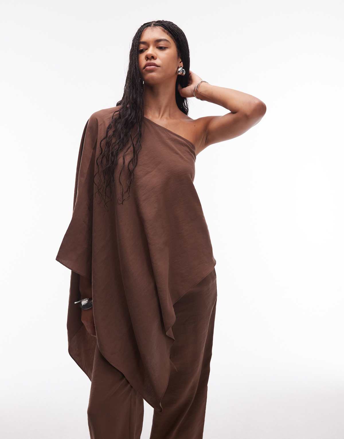 ASOS DESIGN modal one shoulder draped top in chocolate