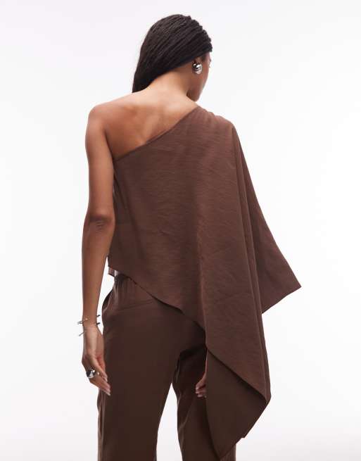 ASOS DESIGN modal one shoulder draped top in chocolate