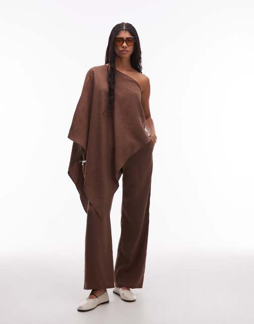 ASOS DESIGN modal one shoulder draped top in chocolate