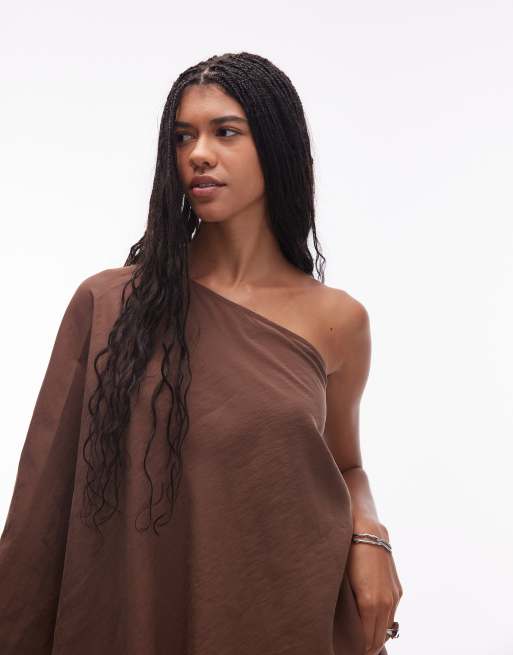 ASOS DESIGN modal one shoulder draped top in chocolate