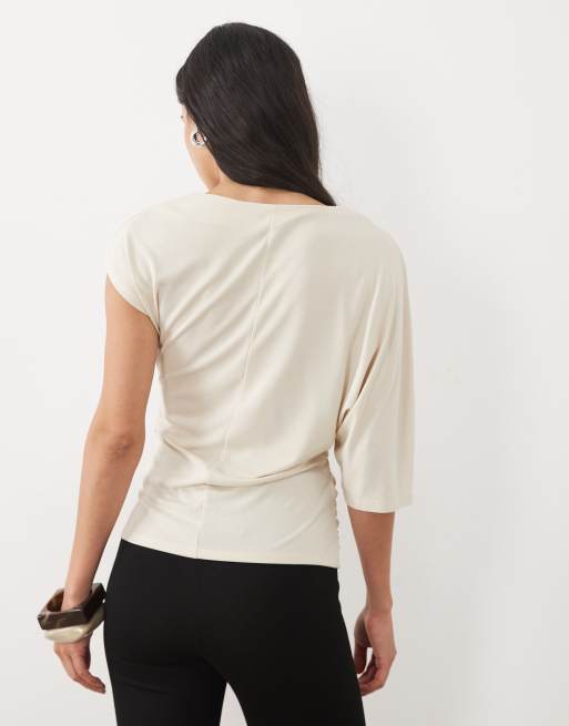ASOS DESIGN modal one shoulder with gathering top in ecru, 4 of 4