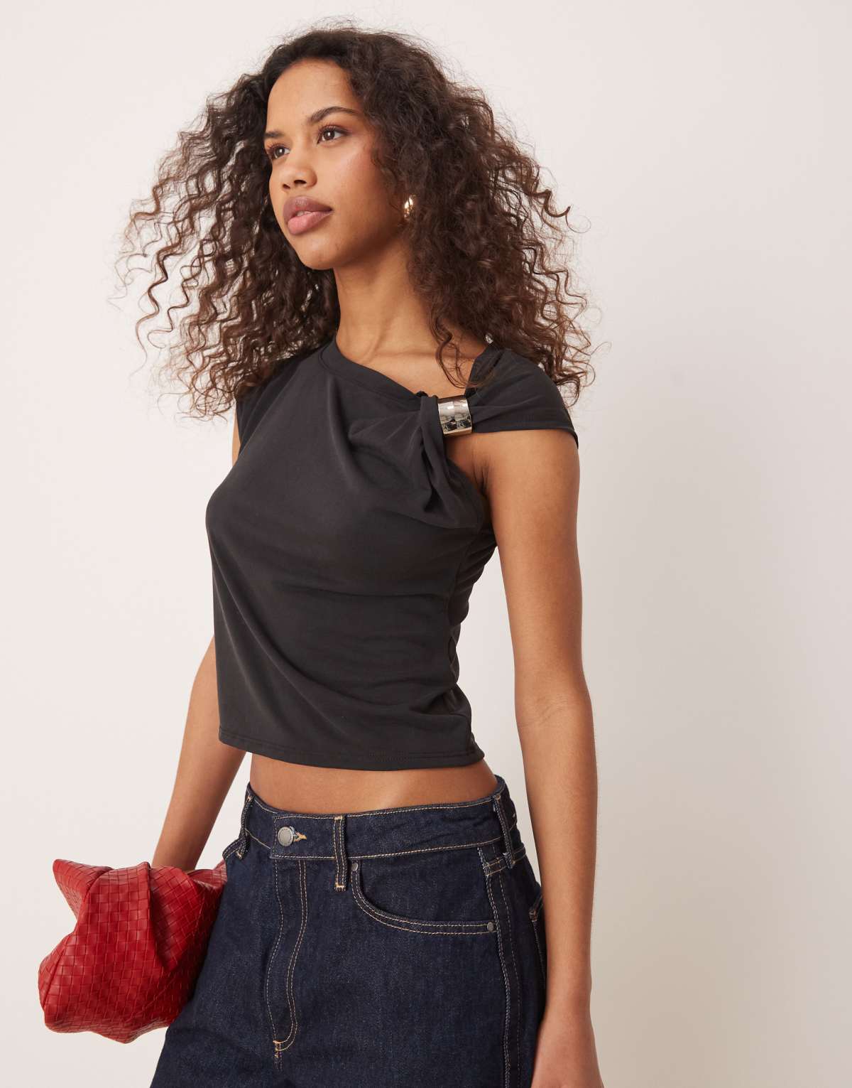 ASOS DESIGN modal one sleeve sleeve t-shirt with silver trim in black