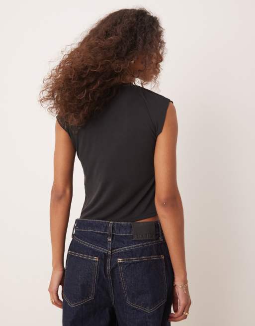 ASOS DESIGN modal one sleeve sleeve t-shirt with silver trim in black, 3 of 4