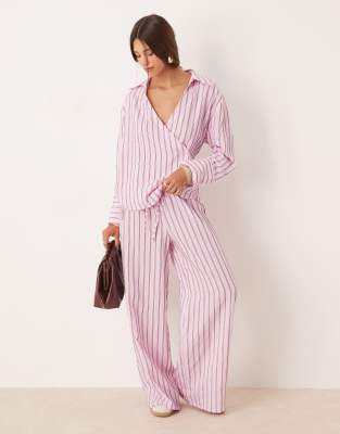 modal pull on wide leg pants in pink stripe - part of a set-Multi