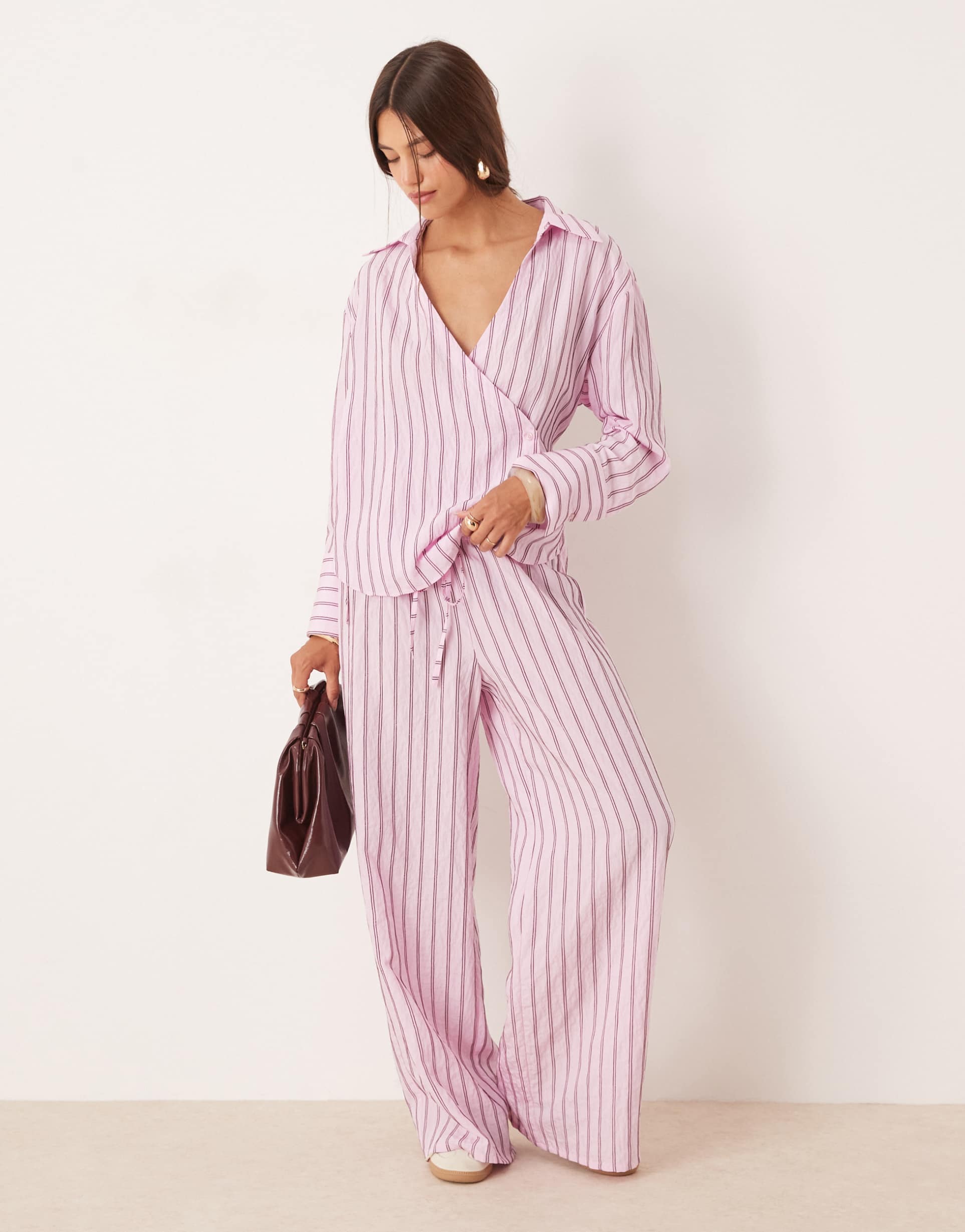 asos design modal pull on wide leg pants in pink stripe - part of a set