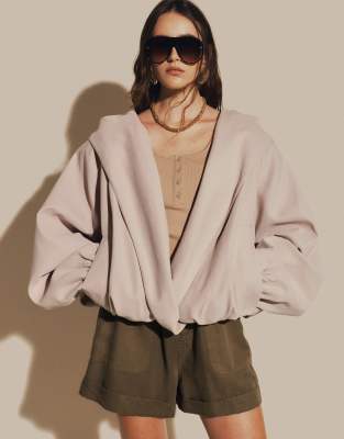 Asos Design Modal Shawl Collar Hooded Bomber Jacket In Neutral