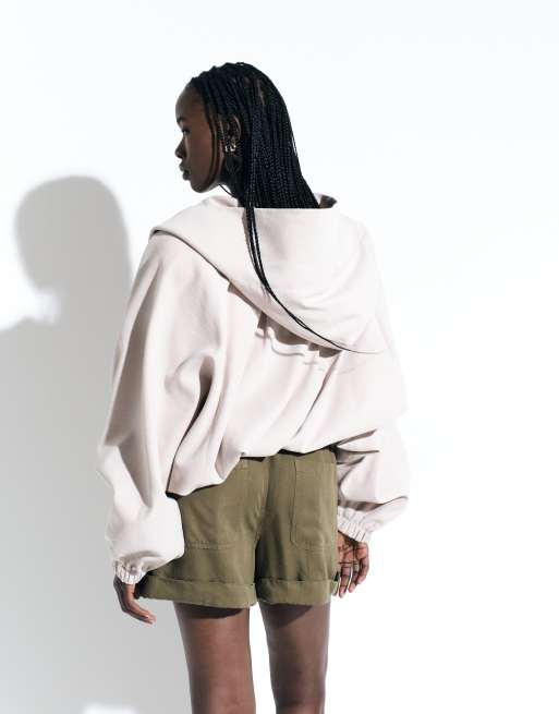 ASOS DESIGN modal shawl collar hooded bomber jacket in stone, 3 of 5