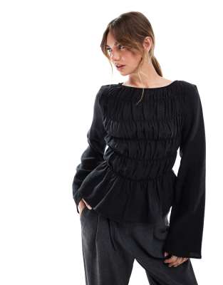 Asos Design Modal Shirred Blouse In Black