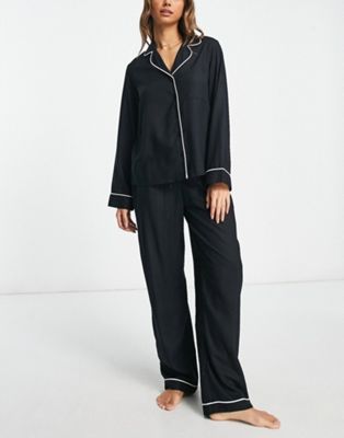 ASOS DESIGN modal shirt & trouser pyjama set with contrast piping in black