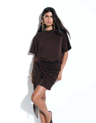 Asos Design Modal Short Sleeve Mini Dress With Fringed Tie Detail In Brown