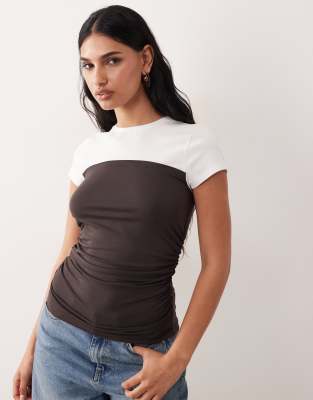 ASOS DESIGN modal short sleeve top with ruching in brown and white