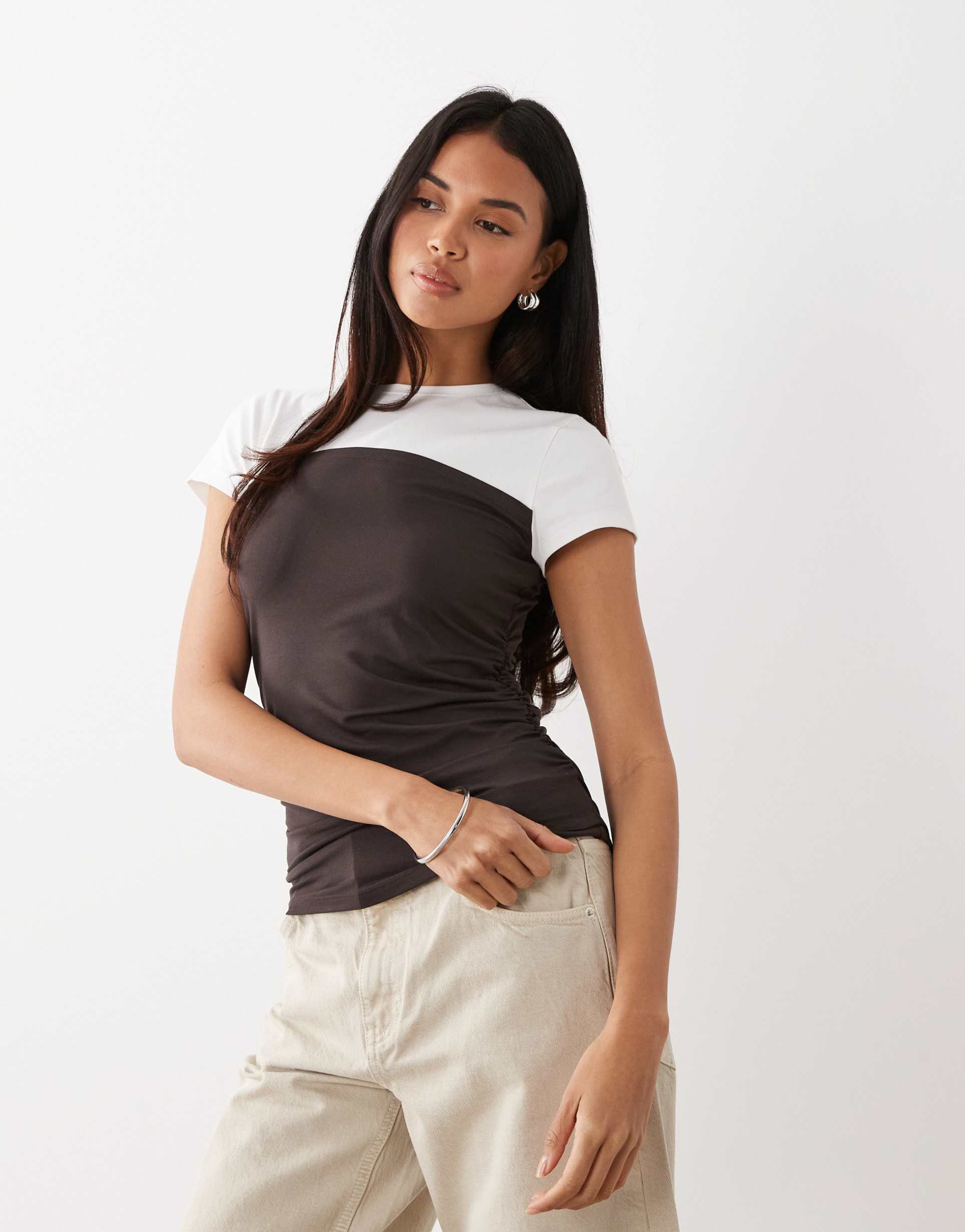 asos design modal short sleeve top with ruching in brown and white