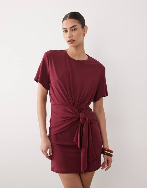ASOS DESIGN modal short sleeve with tie detail mini dress in wine, 2 of 4