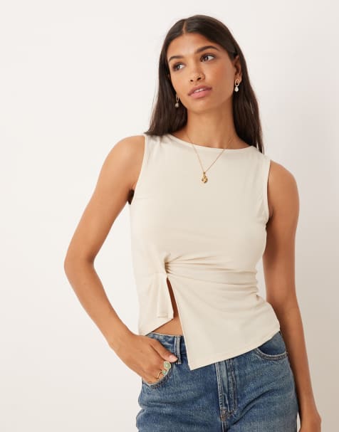 ASOS DESIGN modal side knot cinched waist tank top in cream - view 1