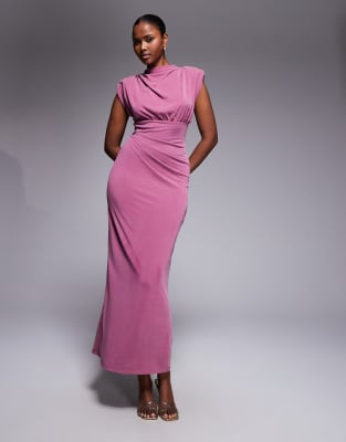 Asos Design Modal Sleeveless Shoulder Pad Detailing Ruched Midaxi Dress In Purple