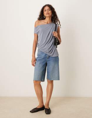 Asos Design Modal Slouchy Off Shoulder Tee With Asymmetric Hem In Gray