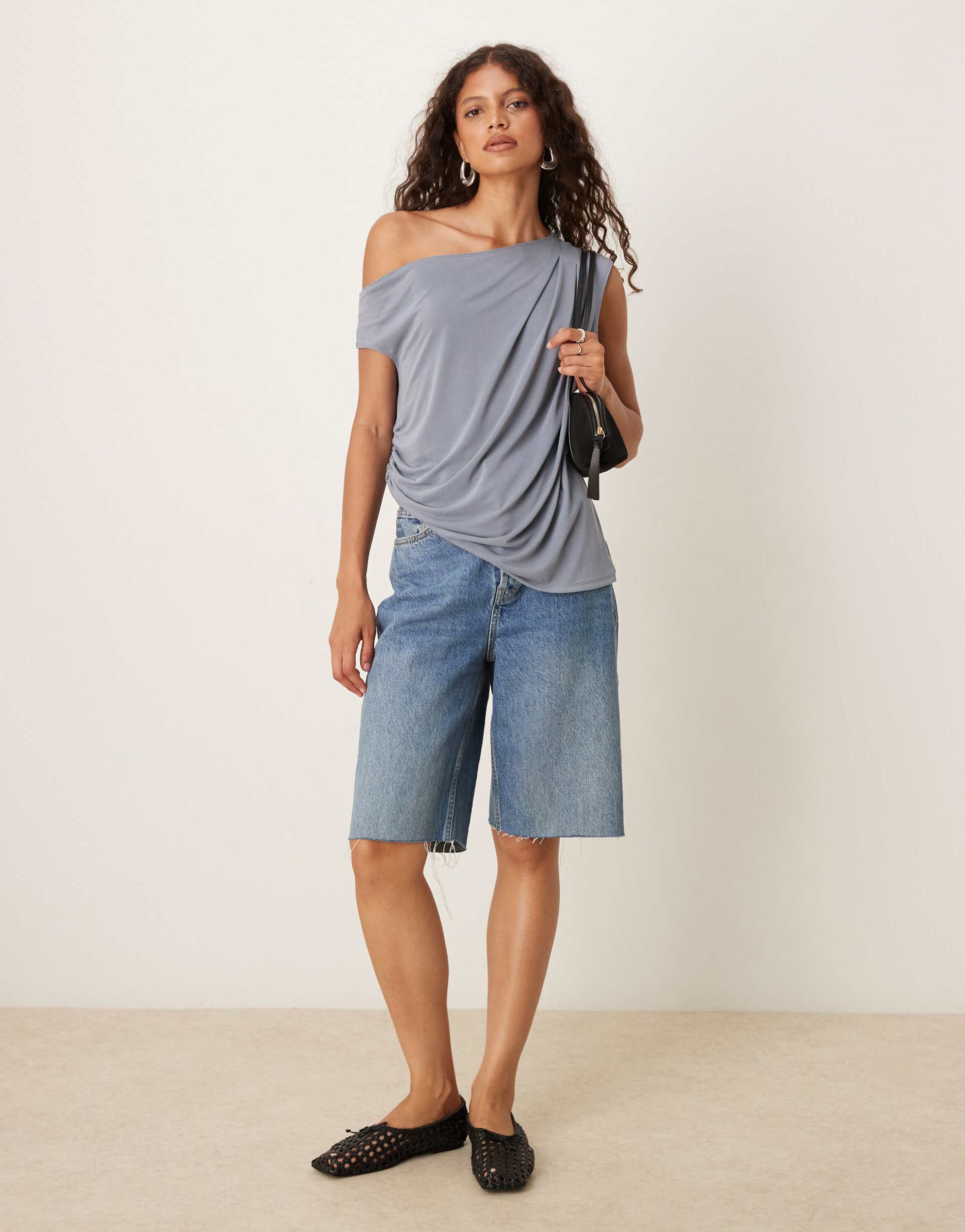 asos design modal slouchy off shoulder tee with asymmetric hem in blue