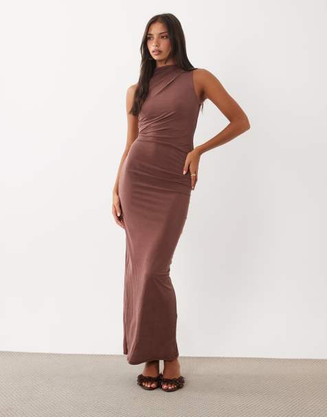 ASOS DESIGN modal soft touch high neck sleeveless drape maxi dress in chocolate - view 1