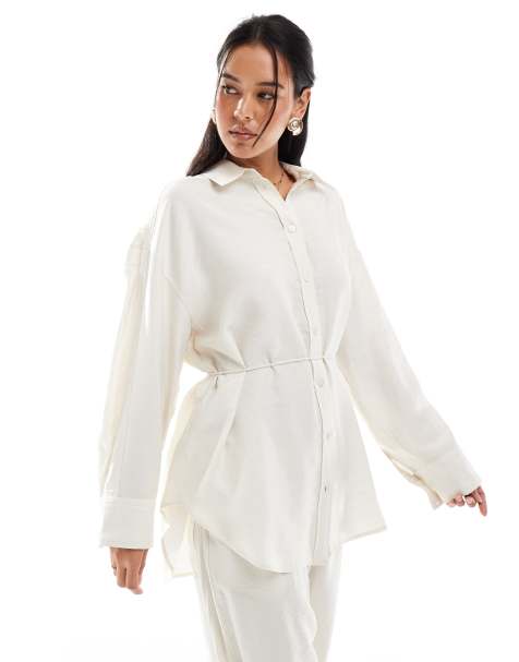 ASOS DESIGN modal tie waist shirt in buttermilk (part of a set) - view 1