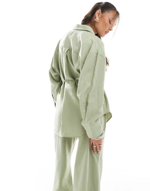 ASOS DESIGN modal tie waist shirt in khaki co ord, 3 of 4