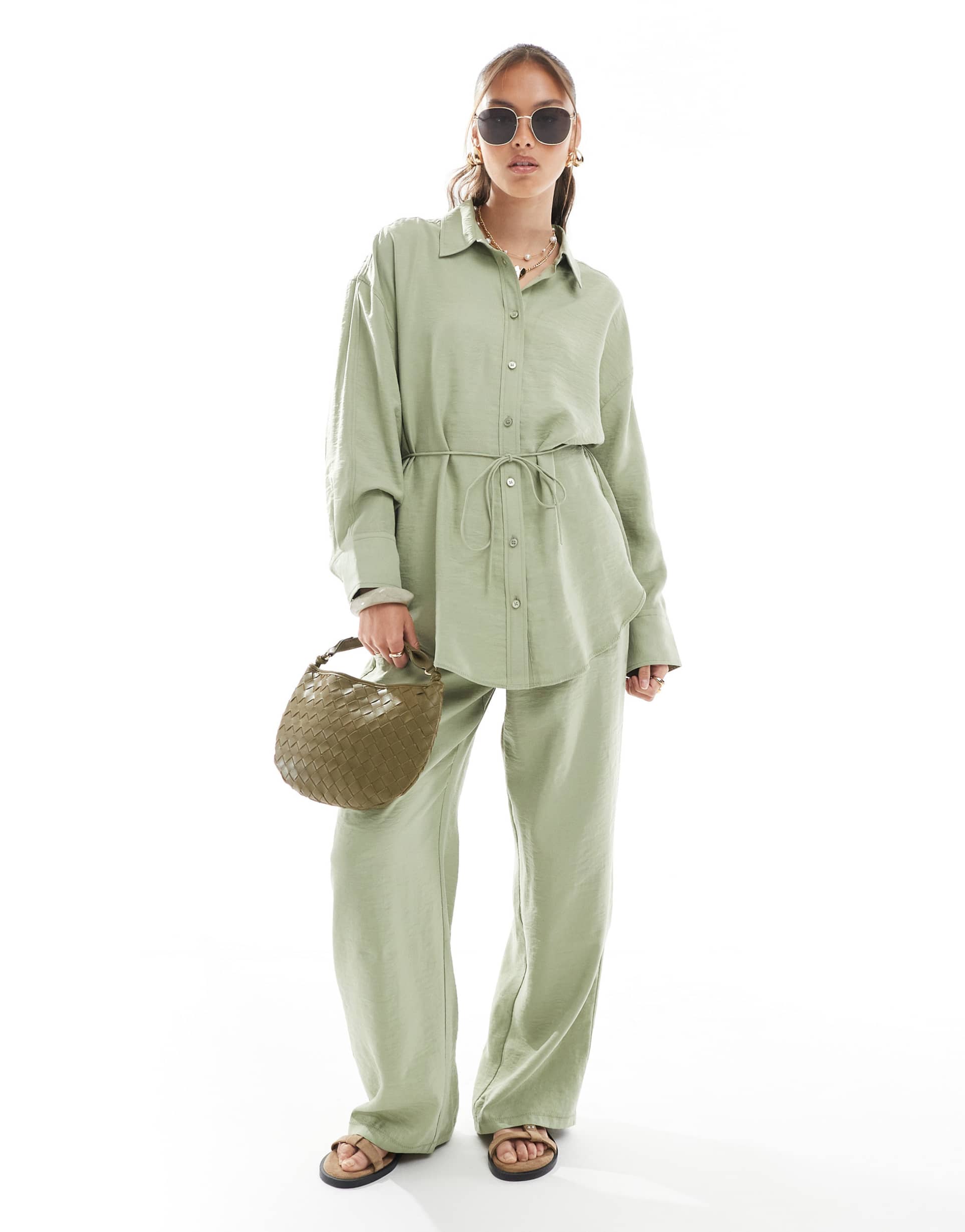 asos design modal tie waist shirt in khaki green - part of a set
