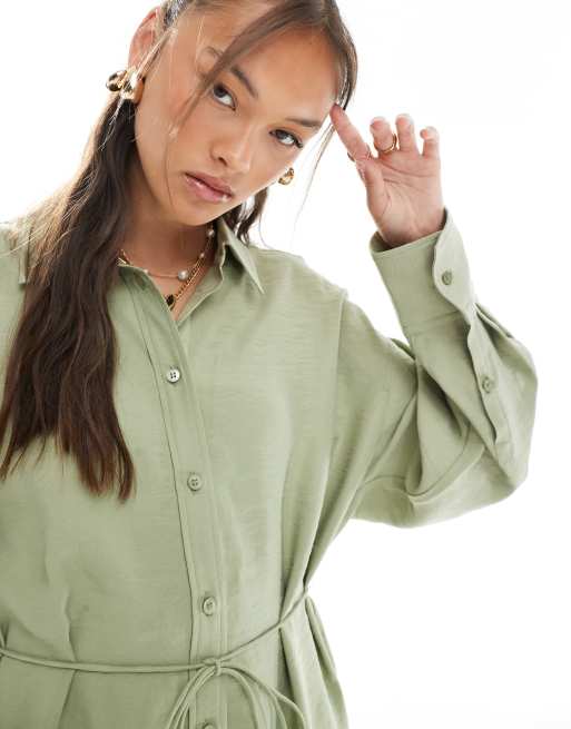 ASOS DESIGN modal tie waist shirt in khaki (part of a set), 4 of 4