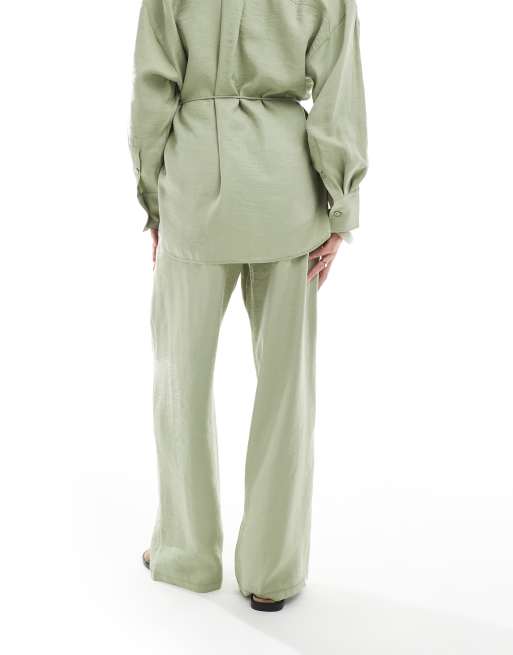 ASOS DESIGN modal tie waist wide leg pants in olive - part of a set, 2 of 5