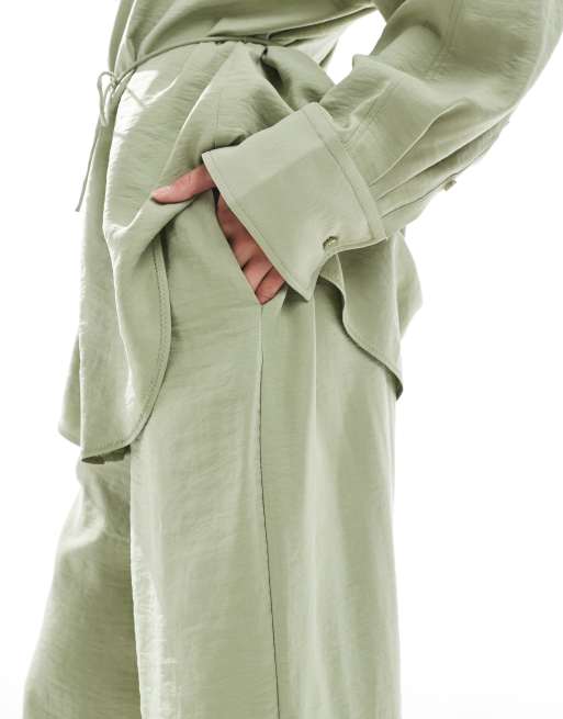 ASOS DESIGN modal tie waist wide leg pants in olive - part of a set, 3 of 5