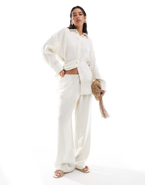 ASOS DESIGN modal tie waist wide leg trouser in buttermilk co ord