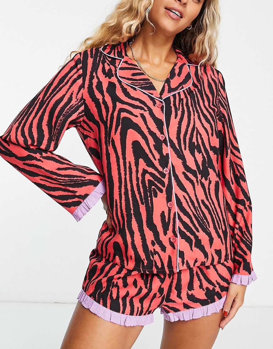 ASOS DESIGN modal tiger shirt & short pyjama set with contrast frill in red & lilac
