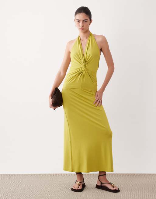 ASOS DESIGN modal twist detail halter top co-ord in chartreuse, 2 of 4
