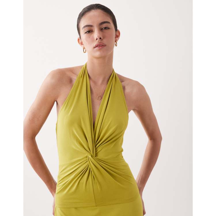 ASOS DESIGN modal twist detail halter top in chartreuse - part of