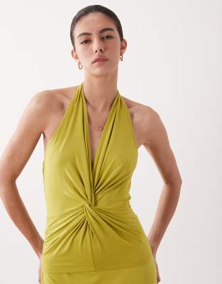 Asos Design Modal Twist Detail Halter Top In Green