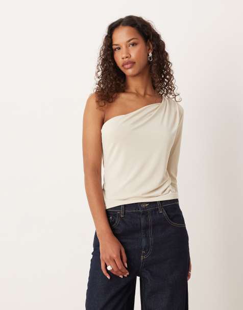 ASOS DESIGN modal twist shoulder long sleeve in cream - view 1