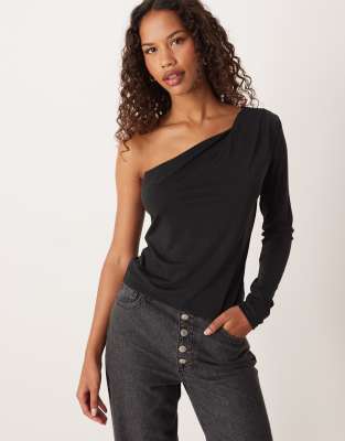 Asos Design Modal Twisted Shoulder Long Sleeve Top In Black