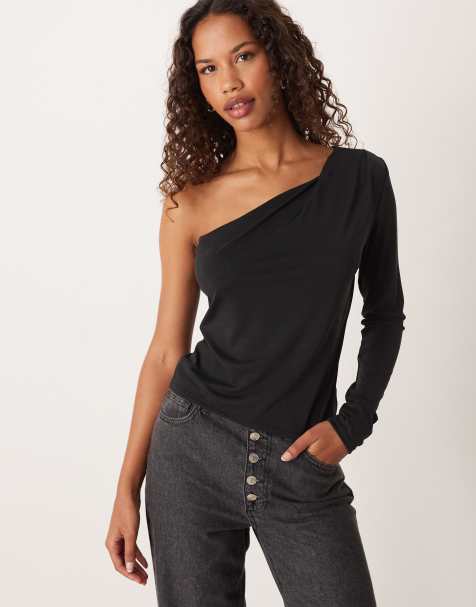 ASOS DESIGN modal twisted shoulder long sleeve top in black - view 1